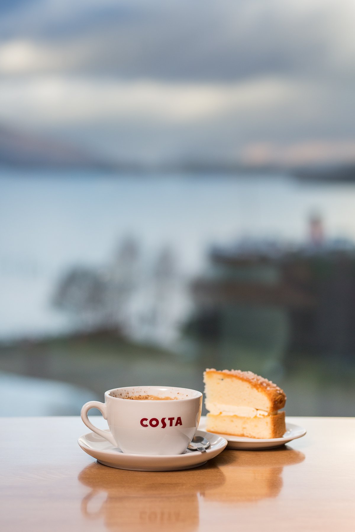 Costa coffee and cake at SEA LIFE Loch Lomond Loch view coffee shop