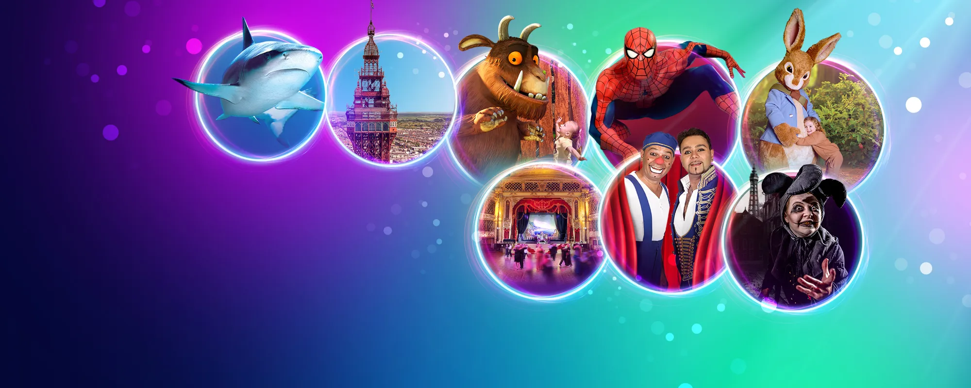 Banner including visual orbs representing 8 Merlin Blackpool attractions