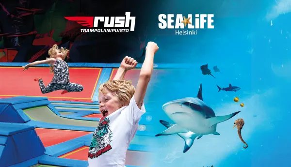 Lapset pomppimassa trampoliinipuistossa ja kaloja uimassa Sea Lifessa