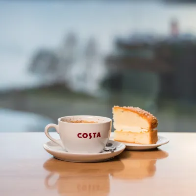 Costa coffee and cake at SEA LIFE Loch Lomond Loch view coffee shop