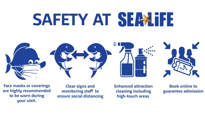 SEA LIFE Safety TV Sign Masks Recommended 5 14 21 No Capacity Limit