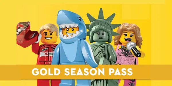 Image showcasing the LEGOLAND Gold Season Pass, featuring LEGO characters, including the Statue of Liberty figure. The pass provides access to multiple attractions, including SEA LIFE New Jersey.