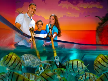 Father and son learning how to feed the fish nori with a SEA LIFE Orlando employee