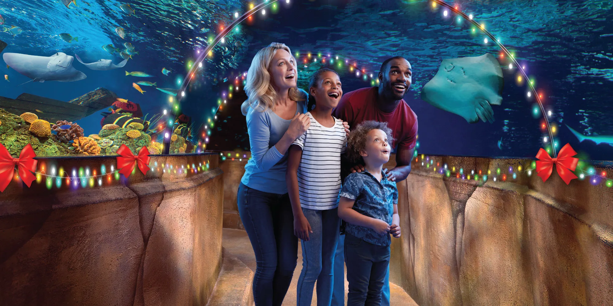 A family of four-two kids and two adults- in the 180 degree tunnel with christmas lights, looking up in awe and excitement at the stingrays.