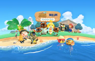 Characters at a beach from the Animal Crossing New Horizons x SEA LIFE video game