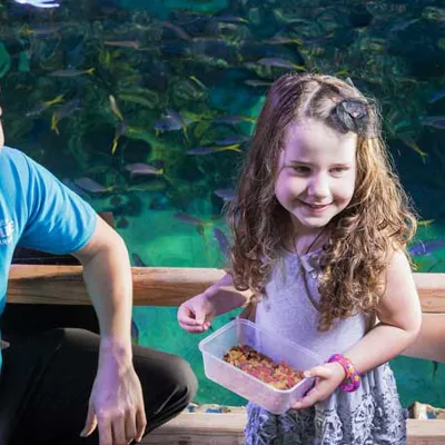 staff with girl feeding fish