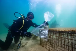 1. Mitch Holding Bag Underwater