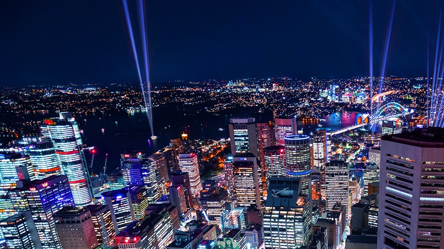 The lights of Vivid from Sydney Tower Eye