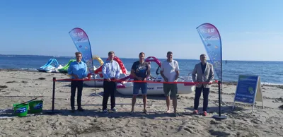 Eröffnung #Sealifeschützt (V.L.N.R. Joachim Nitz (TSNT), Andreas Schulz (SEA LIFE), Fabian Harloff, Marcus Bade (Tretboot , Strandkorbvermieter), Bürgermeister Sven Partheil Böhnke